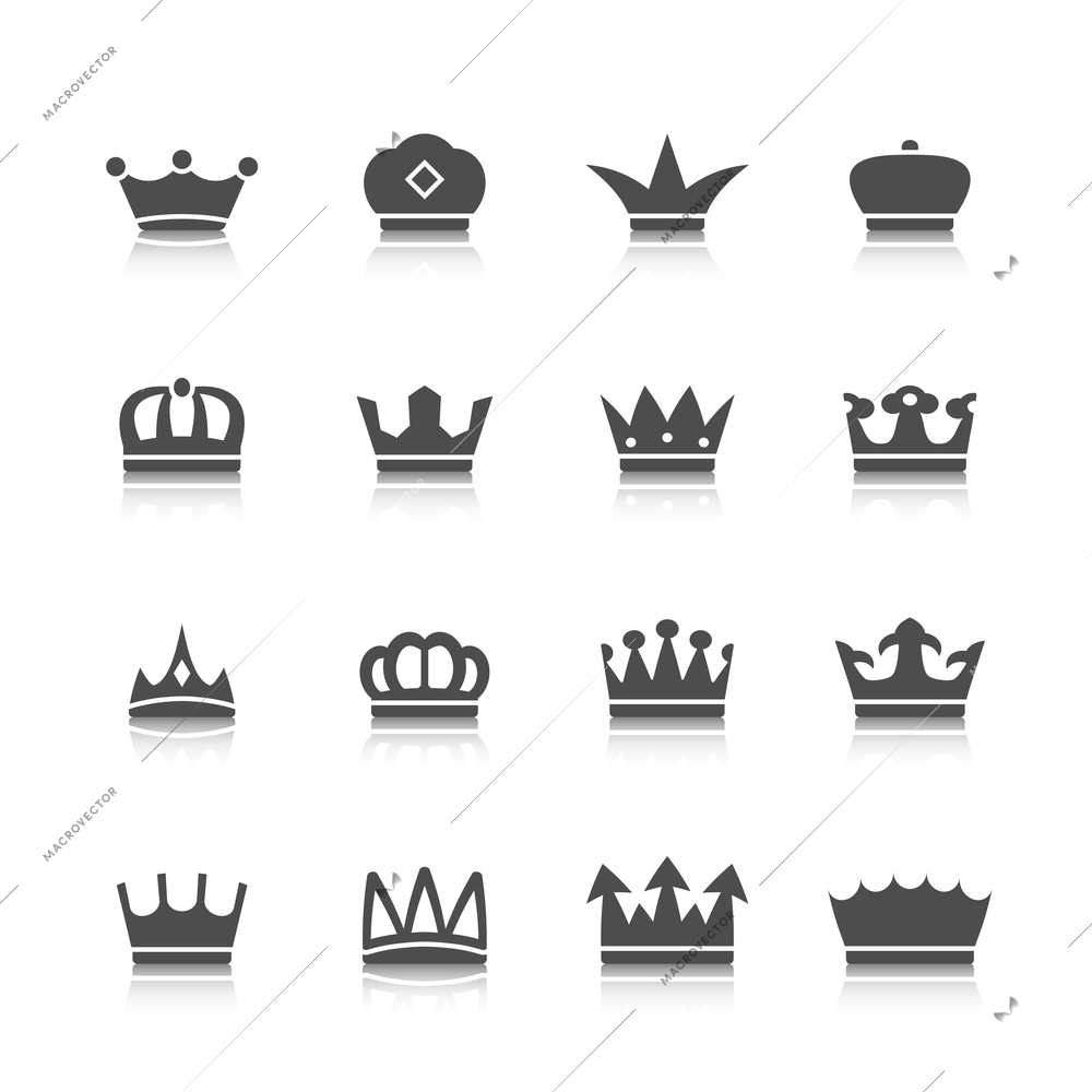 Decorative prince princess king type crowns tattoo authority and supremacy symbols collection black abstract isolated vector illustration