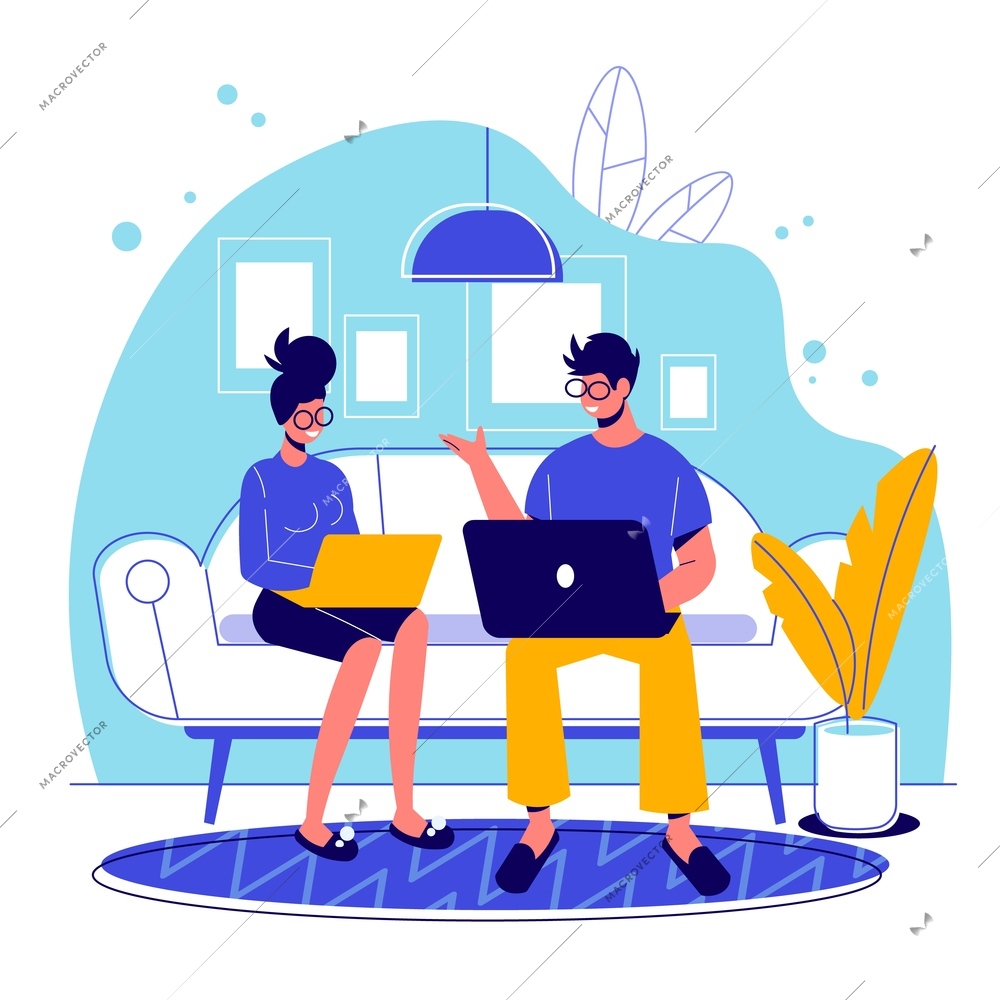 Freelance people work composition with view of home interior and sofa with male and female characters vector illustration