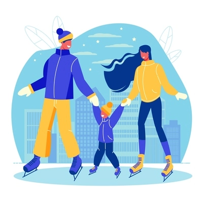 Family active holidays round composition with doodle characters of parents with their child skating on ice vector illustration