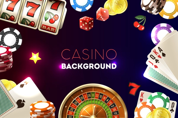 Casino frame background with composition of text and realistic images of roulette chips dice and cards vector illustration