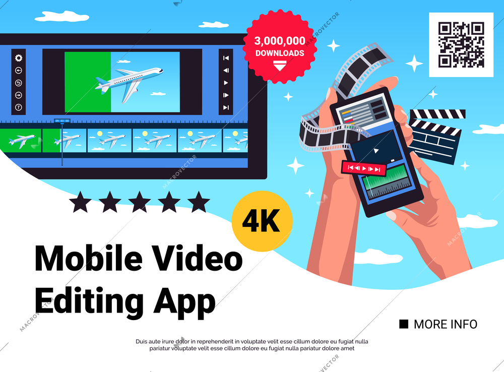 Mobile video editing app flat web banner with movie film winding round hands holding smartphone vector illustration