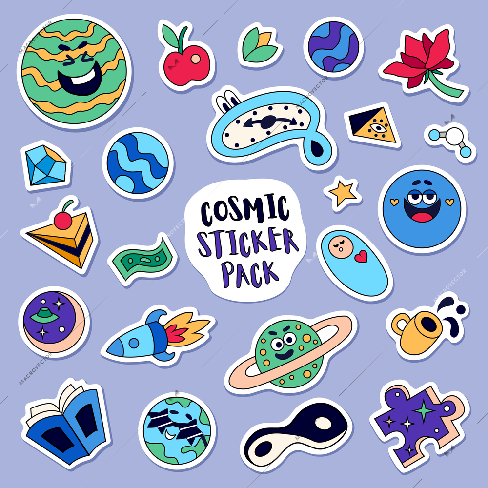 Cosmic big bang universe funny stickers collection pack with smiling planets spacecraft open textbook puzzle vector illustration
