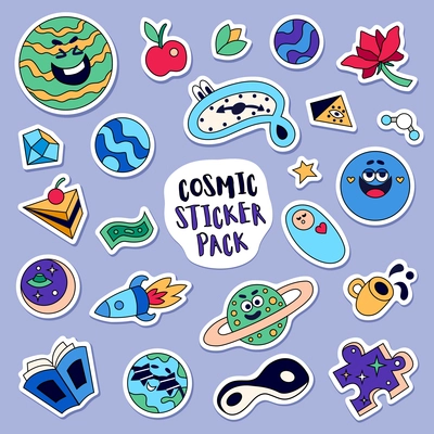 Cosmic big bang universe funny stickers collection pack with smiling planets spacecraft open textbook puzzle vector illustration