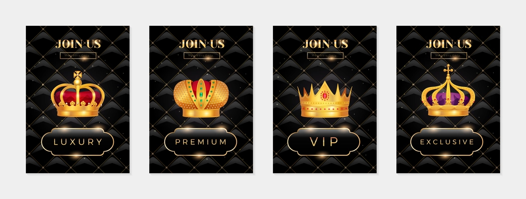 Royal gold crowns premium manufacturer quality luxury exclusive products 4 black golden advertising posters set vector illustration