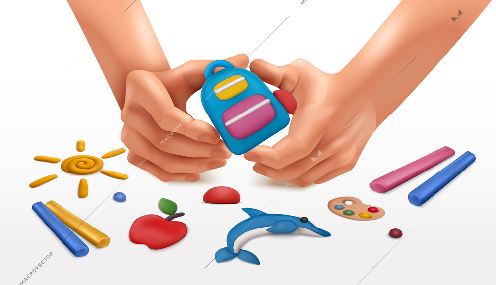 Plasticine modeling clay school composition with colourful sticks in human hands surrounded by ready handicrafts images vector illustration