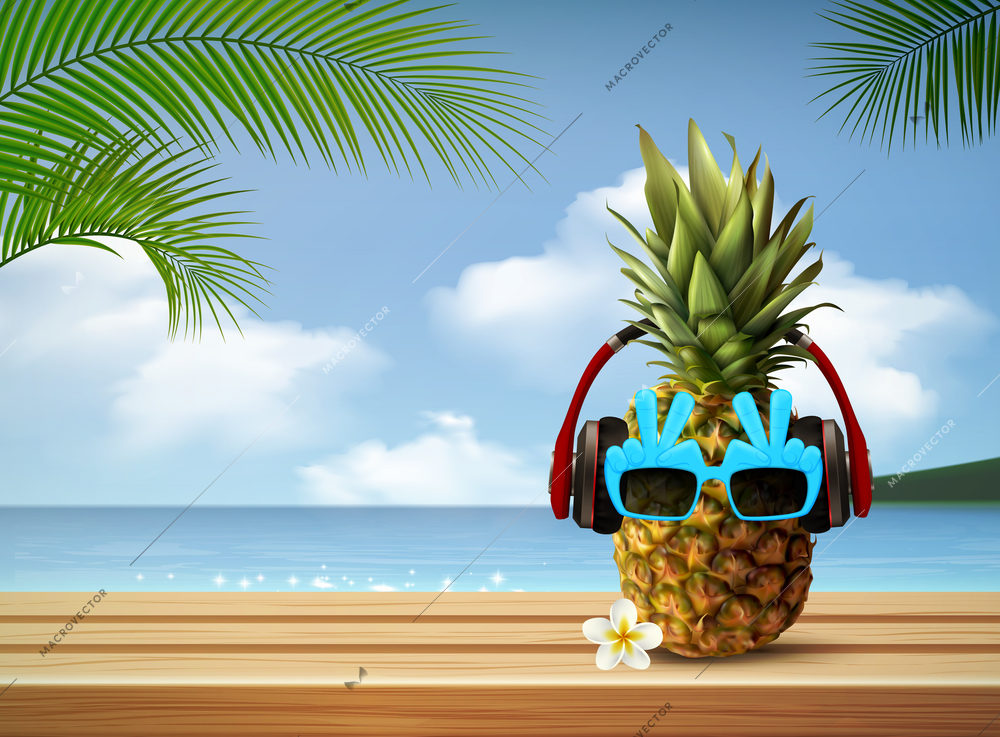 Sunglasses realistic summer composition with tropical landscape background sea and palm leaves with pineapple in glasses vector illustration