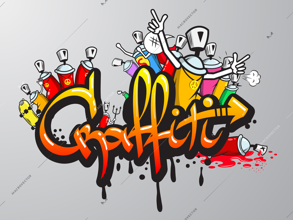 Decorative graffiti art spray paint letters and characters composition abstract wall aerosol sketch grunge vector illustration