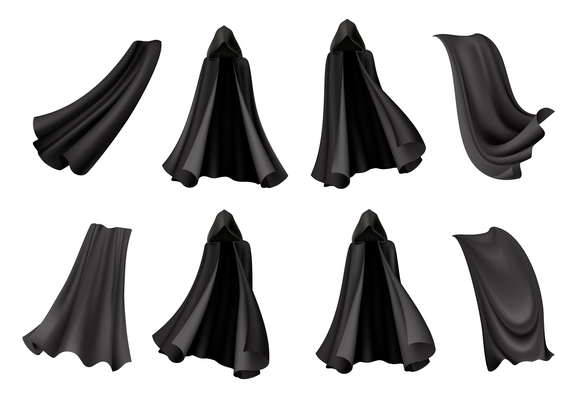 Set of isolated black cloak icons with realistic images of gowns of death costume for halloween vector illustration