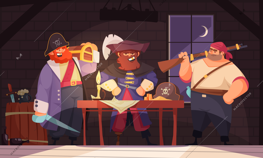 Pitate composition with indoor scenery and group of cartoonish characters of pirates with weapons and map vector illustration