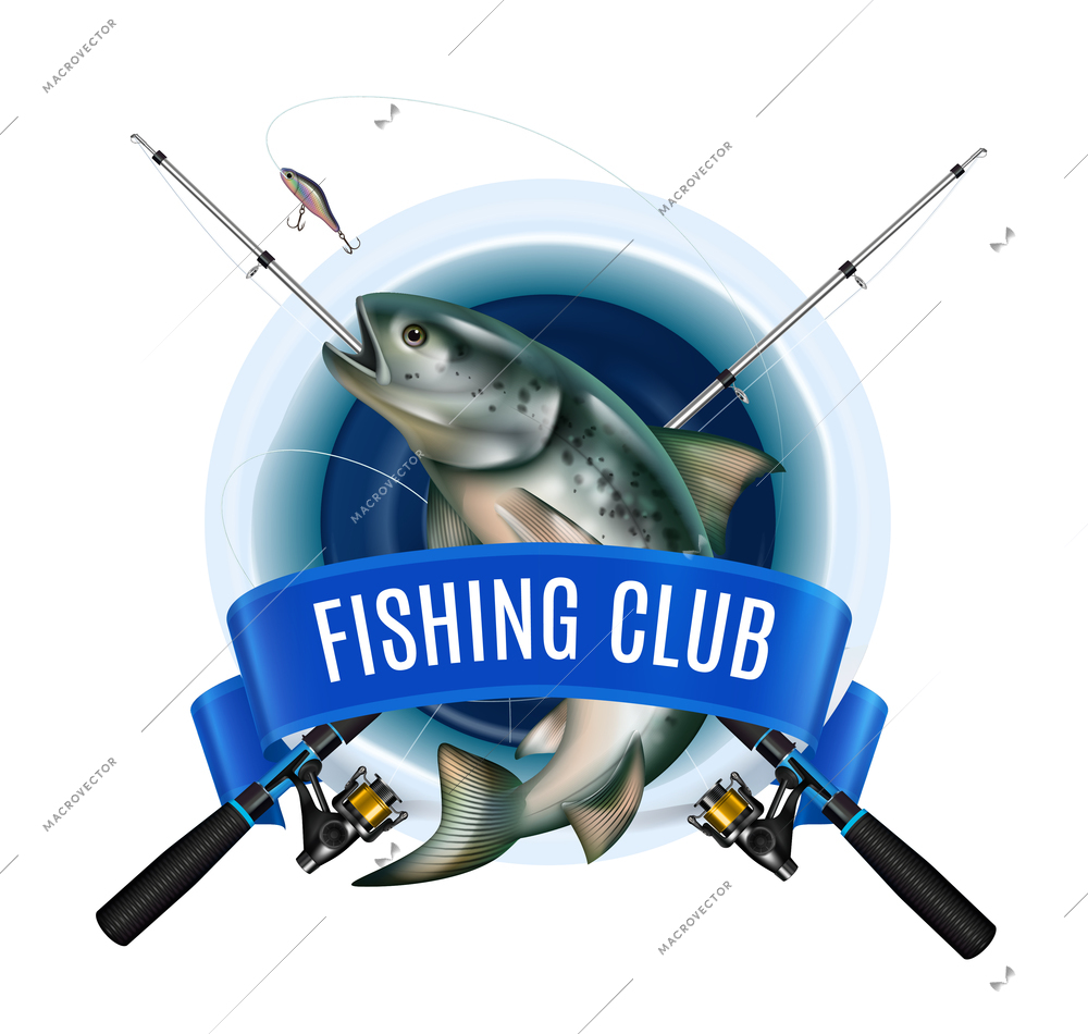 Winter fishing equipment emblem with realistic image of fish and crossed rods with ribbon and text vector illustration