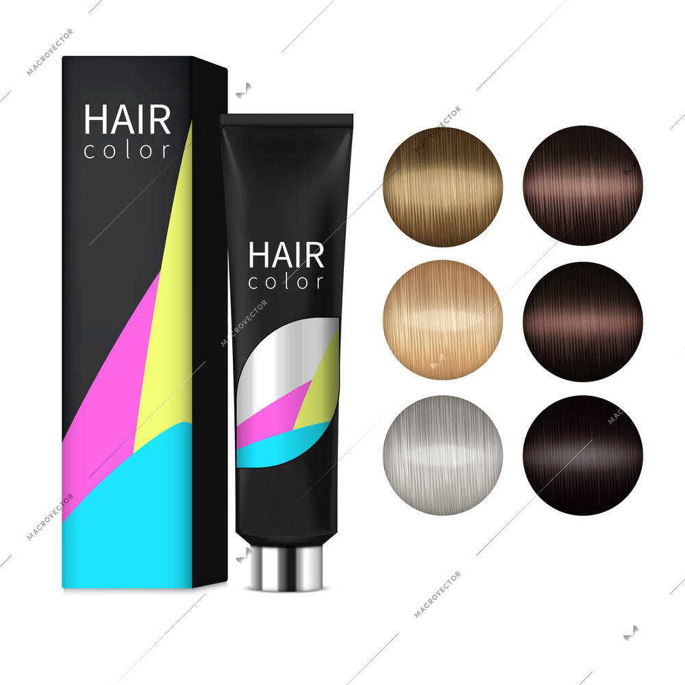 Hair coloring set with realistic branded package images and circle shaped examples of colored female hair vector illustration