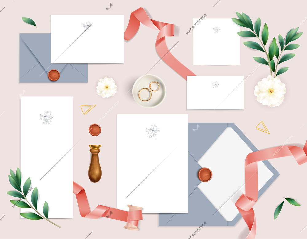 Romantic wedding invitation mockup set with blank cards envelopes seal flowers rings ribbons realistic isolated vector illustration