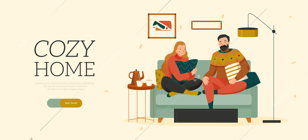 Cozy home horizontal flat banner with man and woman in sweaters sitting on sofa with cushions vector illustration