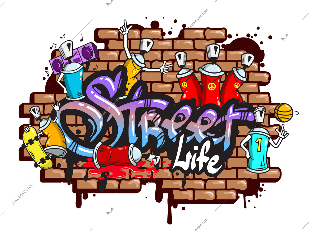 Decorative urban world youth street life graffiti art spraycan characters and drippy blotchy letters composition vector illustration