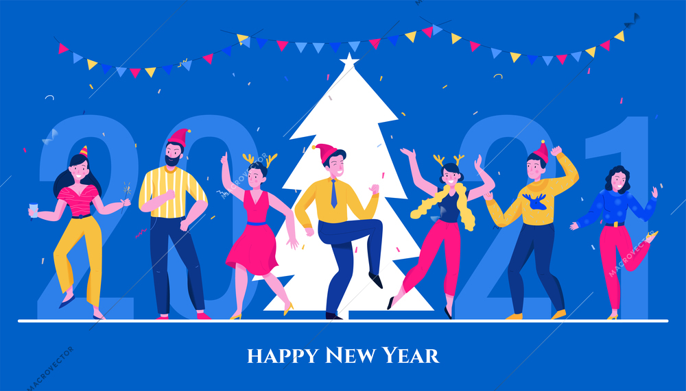 Happy people dancing at christmas party flat vector illustration