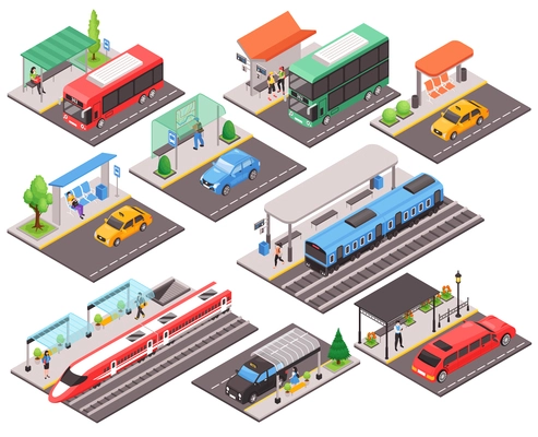 Isometric city public transport stop set with isolated platforms with rail vehicles taxi buses and people vector illustration