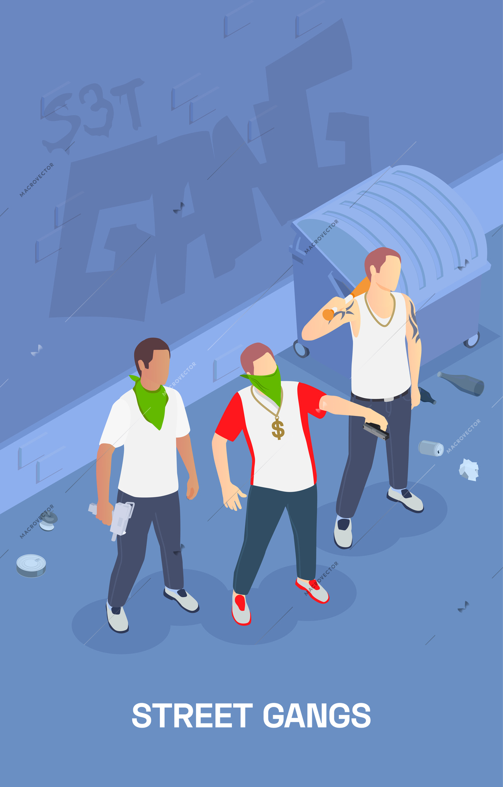 Street gang with three male gangsters holding guns 3d isometric vertical vector illustration