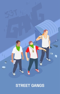 Street gang with three male gangsters holding guns 3d isometric vertical vector illustration