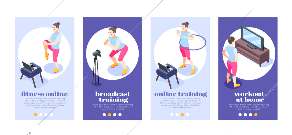 Fitness online four posters illustrated broadcast training and workout at home isometric vector illustration