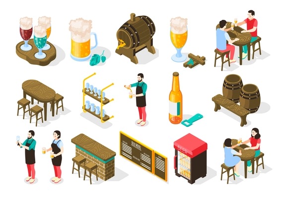 Beer pub isometric set with bartender waiter bottle opener glass mug cooler oak barrel customers vector illustration