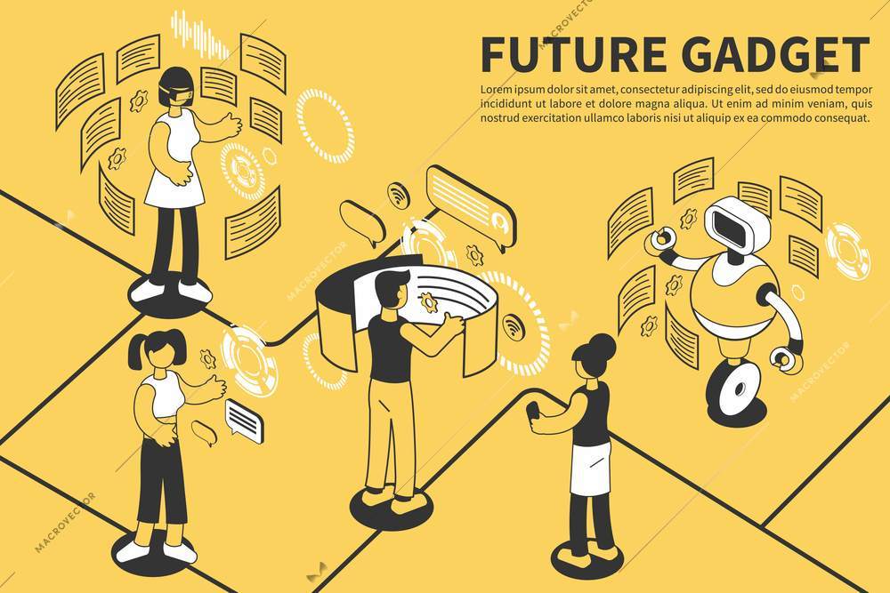 Gadget future isometric background with editable text and composition of people surrounded by flexible flying screens vector illustration