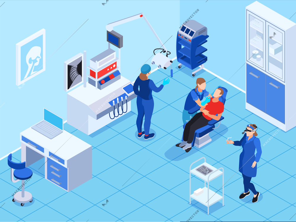 Isometric doctor ent composition with indoor view of medical station and characters of otolaryngologists with patient vector illustration