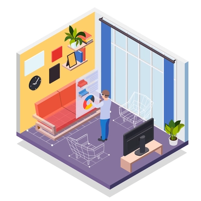 Augmented reality furniture isometric concept with man in vr headset simulating his presence in virtual living room vector illustration