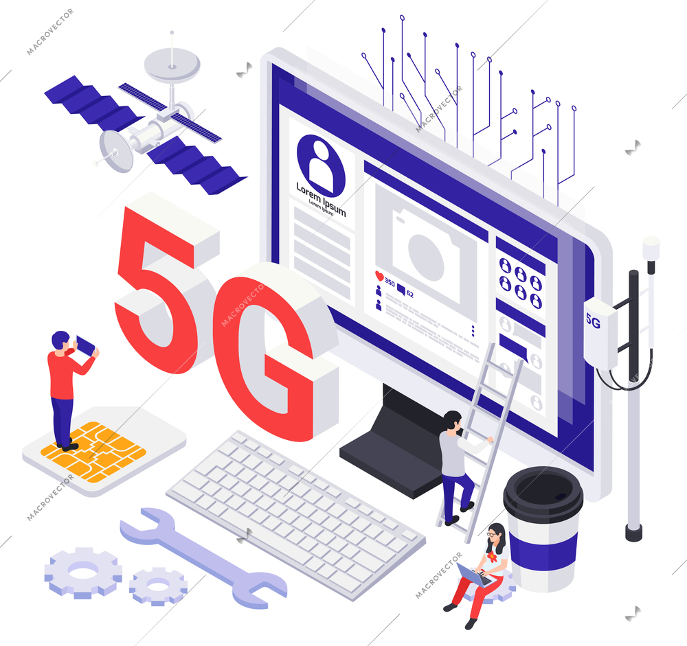 Modern internet technology isometric icons set of little characters with gadgets and big images of computer sim card and 5G text vector illustration