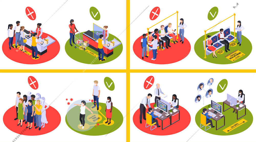 Keep your social distancing in supermarket transport school and outdoors 2x2 design concept  isometric vector illustration