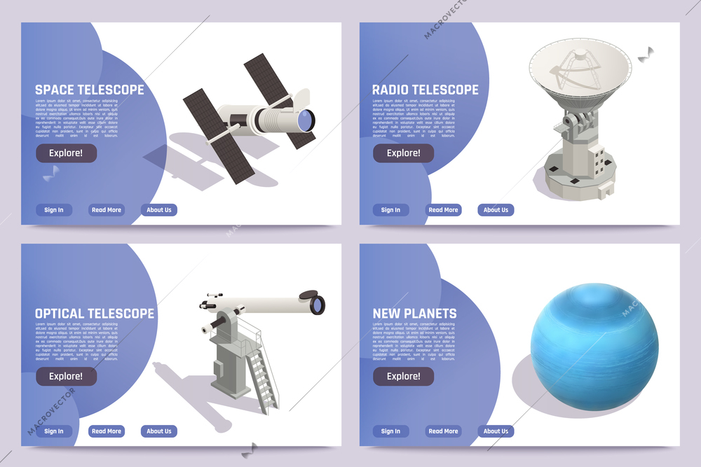 Isometric horizontal astronomy banners set with blue planet space optical and radio telescopes 3d isolated vector illustration