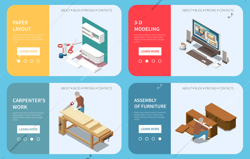 Carpentry production 4 isometric web banners with paper layout 3d computer modeling woodwork furniture assembling vector illustration