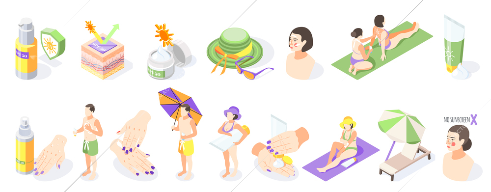 Sunscreen isometric recolor set of isolated sun protection products sunburn creams and people on blank background vector illustration