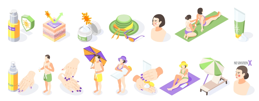 Sunscreen isometric recolor set of isolated sun protection products sunburn creams and people on blank background vector illustration