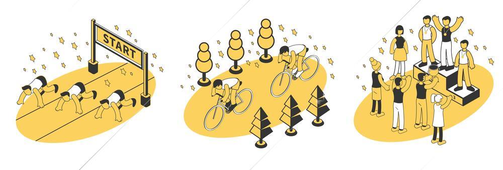 Summer sport composition set with running and cycling competitions and awarded winners 3d isolated vector illustration