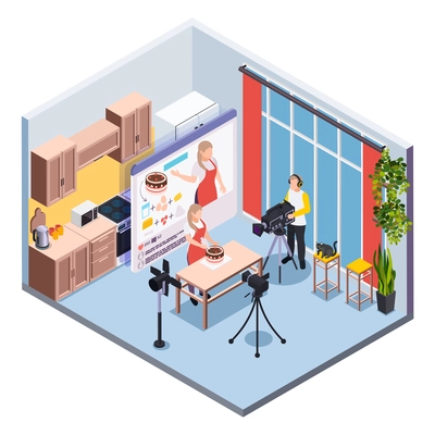 Blogging isometric composition with operator and confectioner filming cooking show at kitchen interior vector illustration