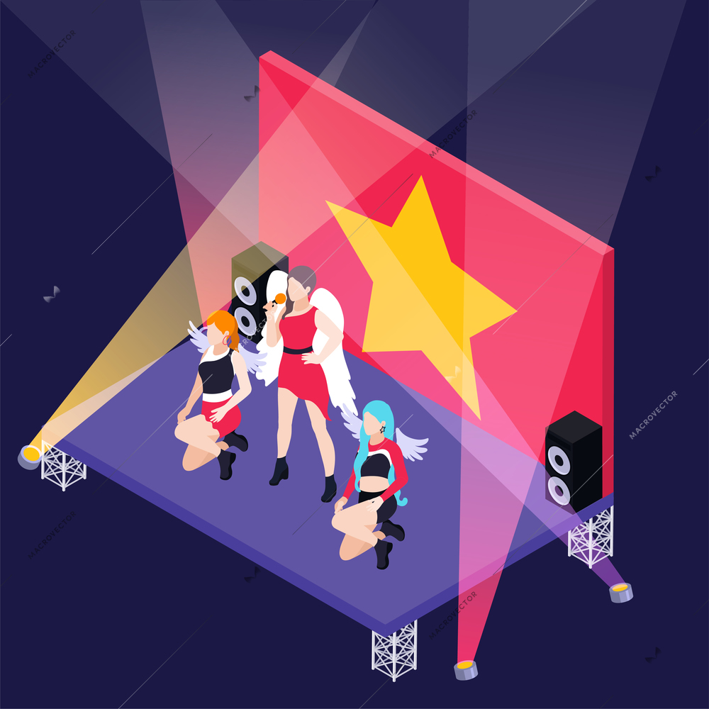 K pop group consisting of three girls on stage with spotlights and gold star on red background isometric vector illustration