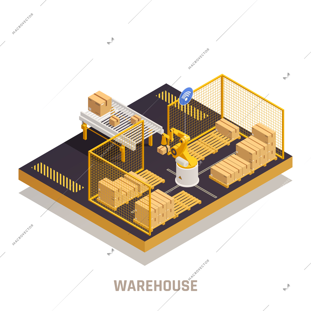 Modern warehouse cargo receiving process with automated robotic arm gripping and placing cargo isometric composition vector illustration