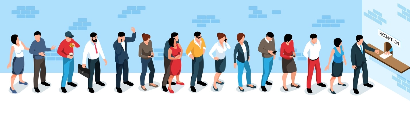 Men and women standing in long queue at reception 3d isometric vector illustration