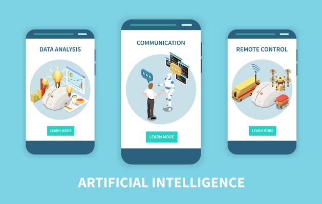 Artificial intelligence set of isometric vertical banners with data analysis and remote control images with buttons vector illustration