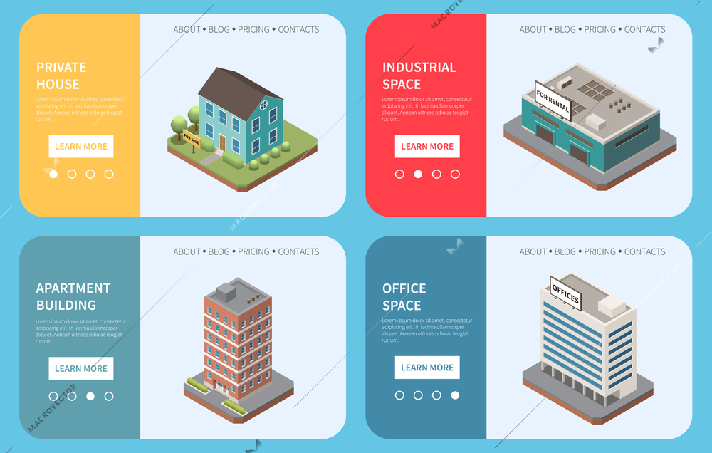 Real estate agency isometric set of horizontal banners with building images text and learn more button vector illustration