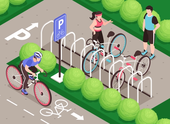 Isometric bicycle parking composition with outdoor scenery bike path human characters and rack for parking bicycles vector illustration