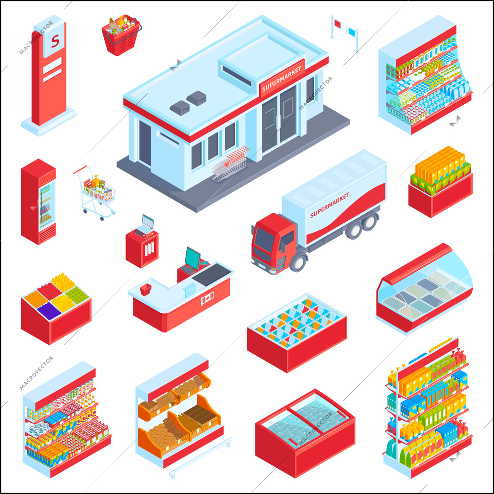 Isometric supermarket set with isolated display icons shelves with food products fridges and shopping cart images vector illustration