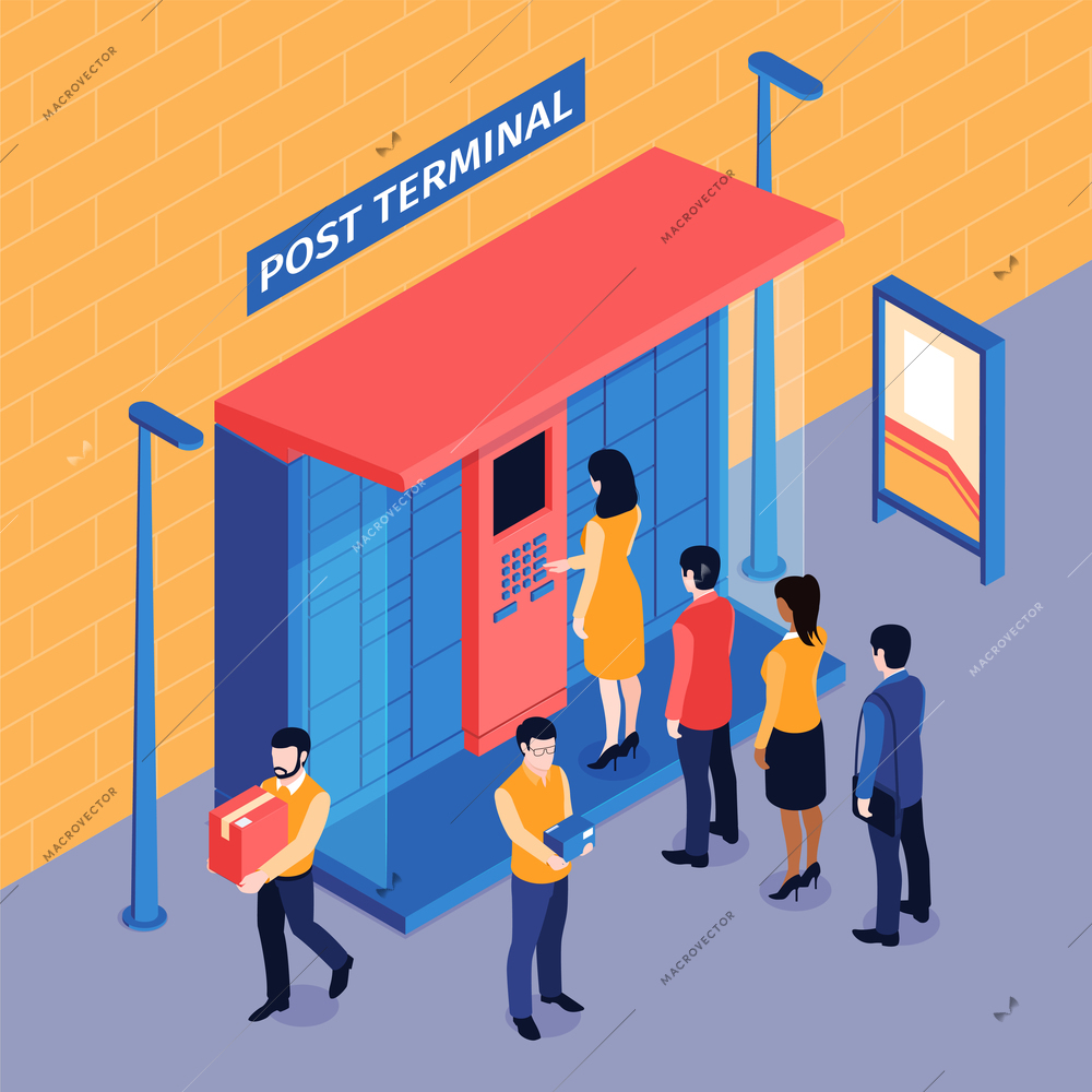 Isometric post terminal queue composition with outdoor view of people standing in line to automated locker vector illustration