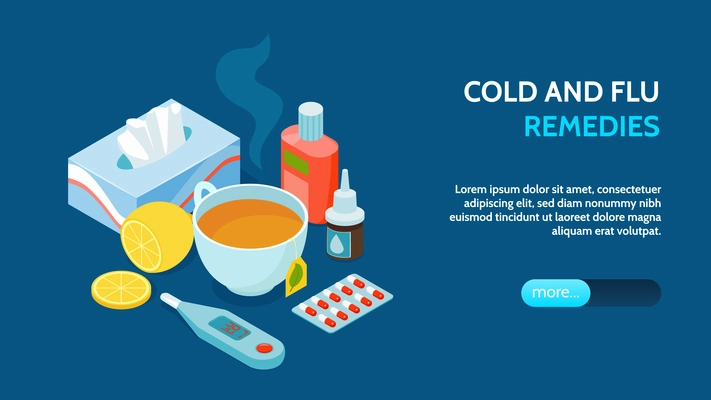 Isometric cold flu virus horizontal banner with remedies description and blue more button vector illustration