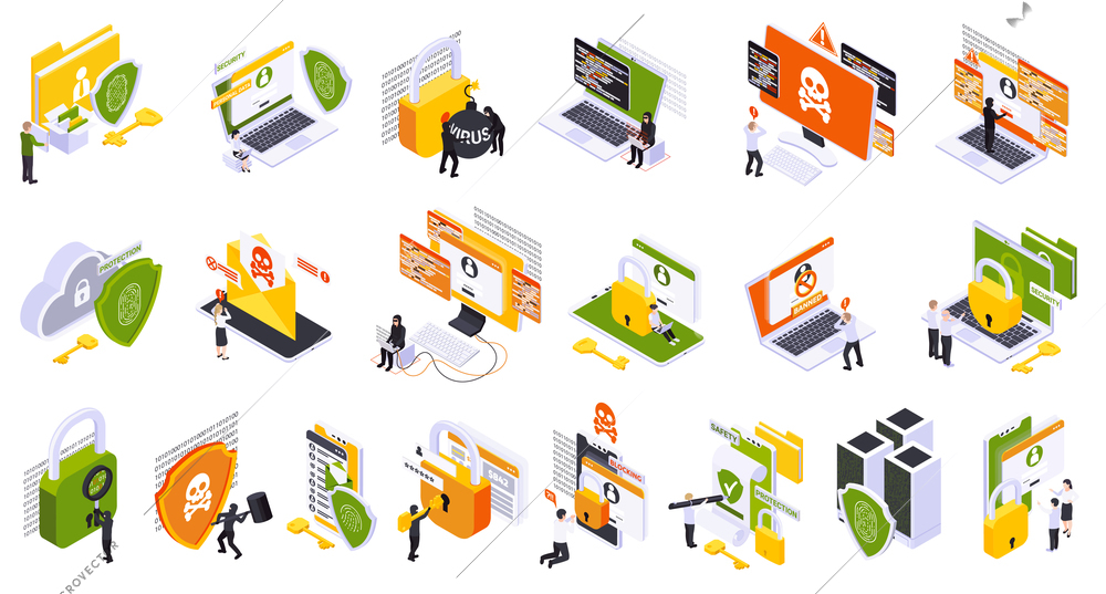 Cyber security spyware data protection isometric set of icons with pictograms human characters and computer images vector illustration