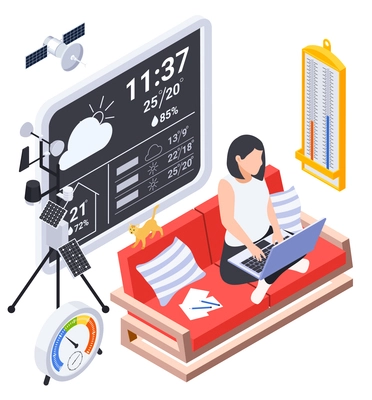 Meteorology weather forecast isometric composition with woman on sofa info screen barometer and thermometer with sensors vector illustration