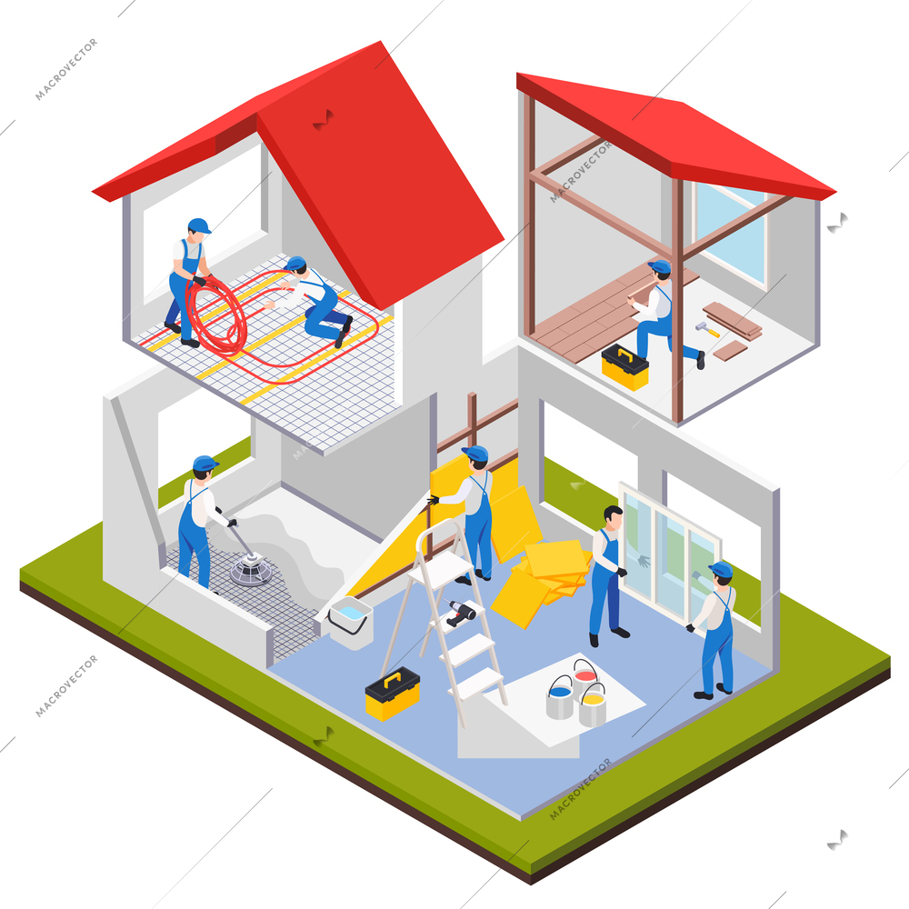 Renovation repair works isometric composition with view of house rooms under heavy maintenance with human characters vector illustration