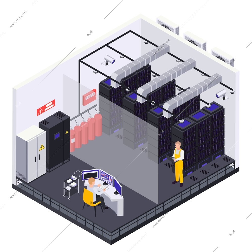 Data center isometric composition with view of server room with workers racks and heat removing system vector illustration