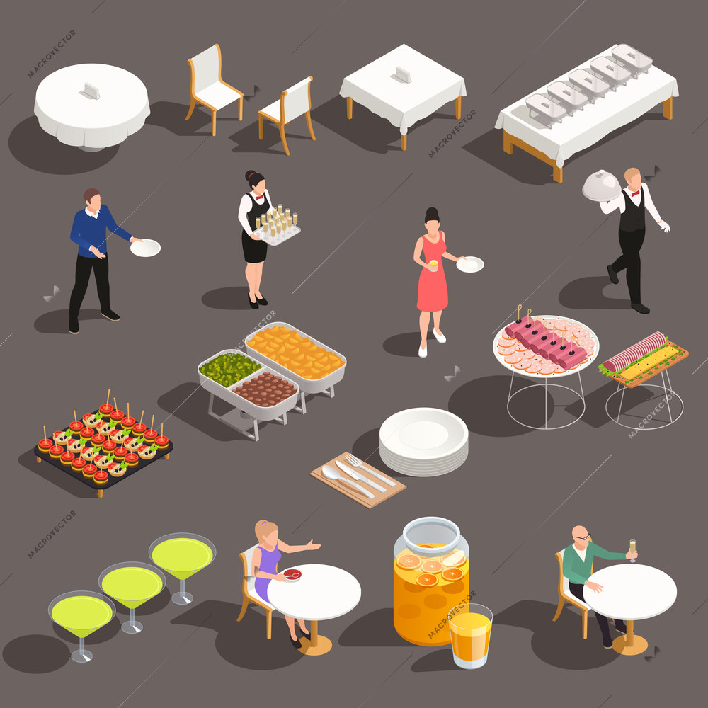 Events celebrations catering service isometric set with white table linens cocktails snacks buffet beverages cutlery vector illustration