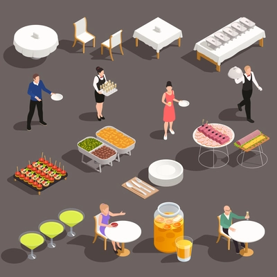 Events celebrations catering service isometric set with white table linens cocktails snacks buffet beverages cutlery vector illustration